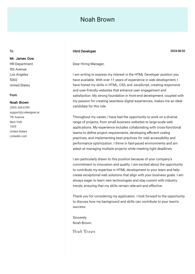 Html Developer Cover Letter Samples & Examples 2025