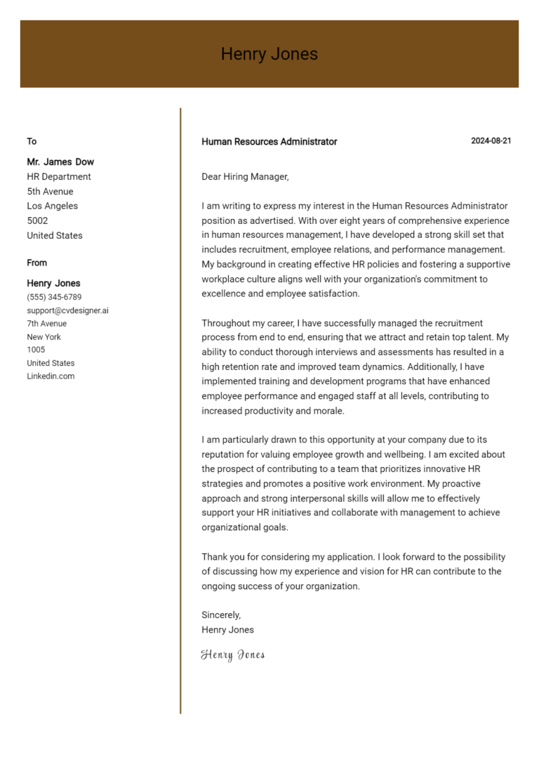Human Resources Administrator Cover Letter Example for 2025 (Free Templates)