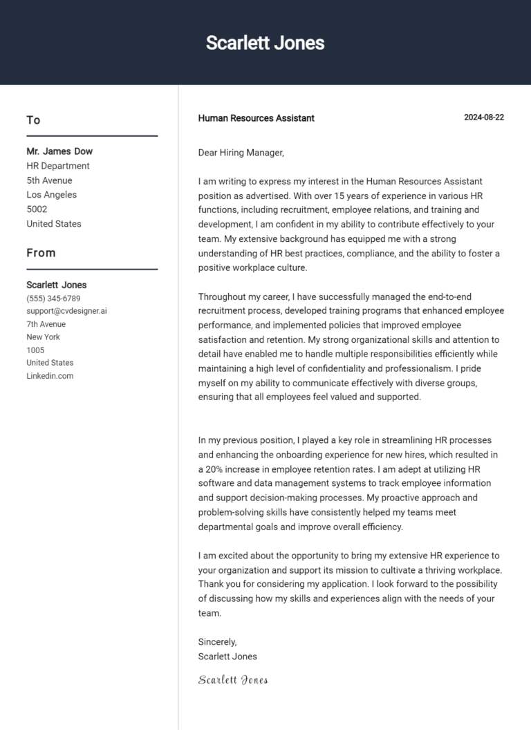 Human Resources Assistant Cover Letter Example for 2025 (Writing Guide) 1 Human Resources Assistant Cover Letter Example for 2025 (Writing Guide)