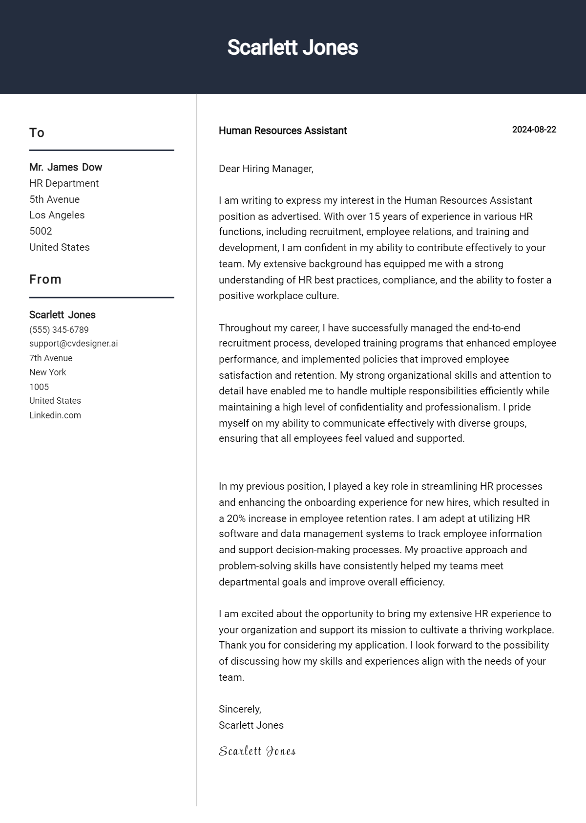 human resources assistant cover letter example