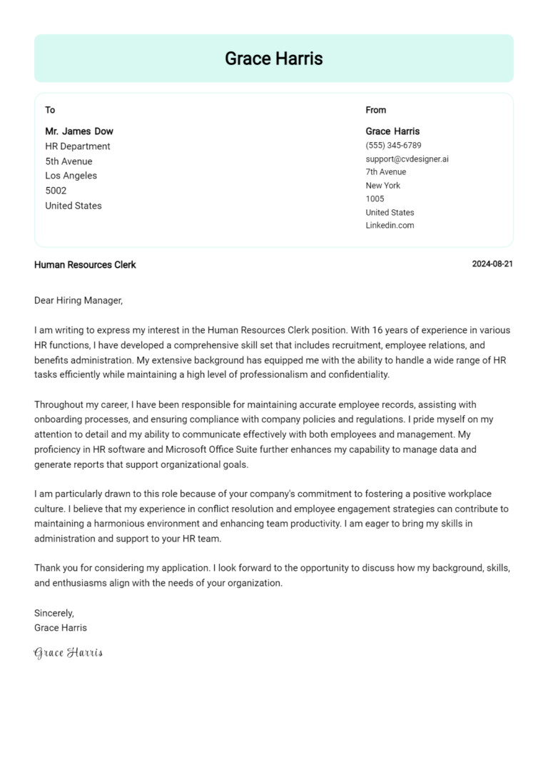 Human Resources Clerk Cover Letter Example for 2025: Expert Tips & Templates