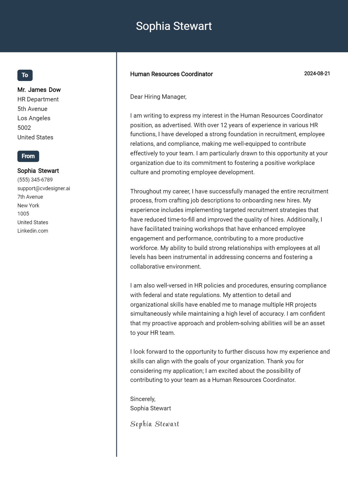 Human Resources Coordinator Cover Letter Example For 2024 Free Templates Cvdesigner Ai