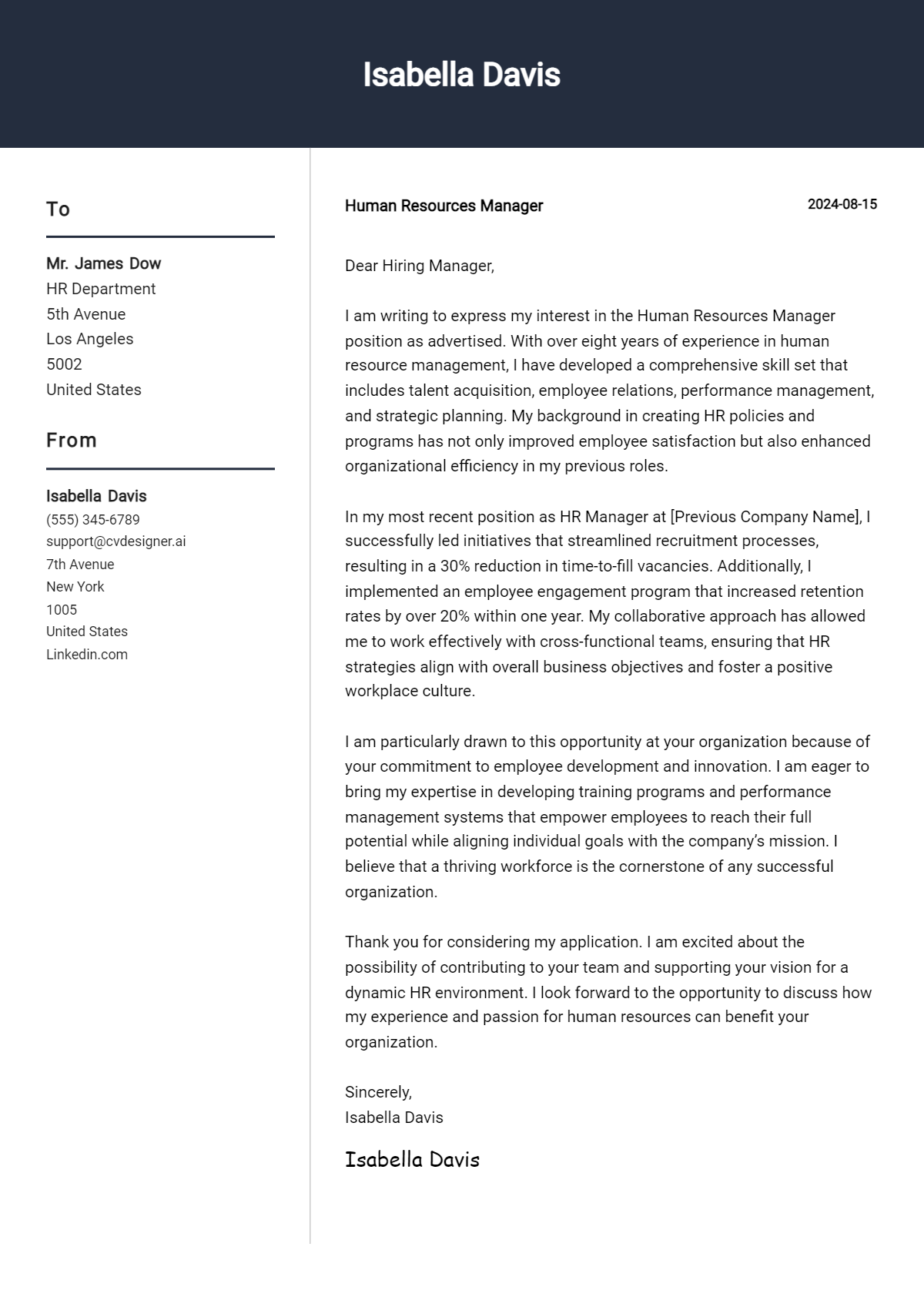 human resources manager cover letter example