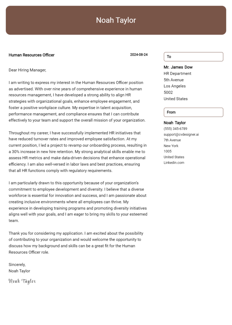 Human Resources Officer Cover Letter Example for 2025: Ultimate Guide