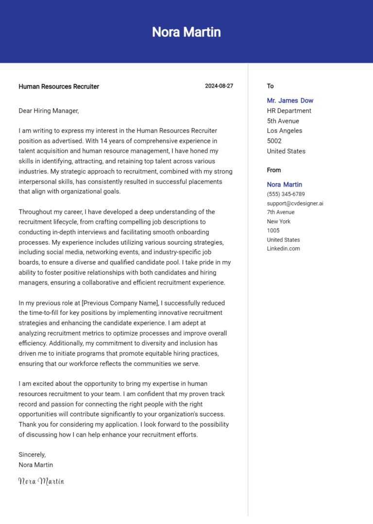 16 Human Resources Recruiter Cover Letter Example for 2025: Proven Tips 1 16 Human Resources Recruiter Cover Letter Example for 2025: Proven Tips
