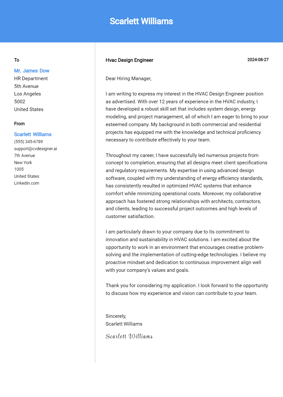 hvac design engineer cover letter example