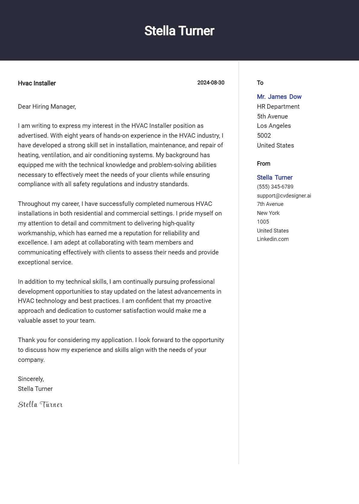 hvac installer cover letter example