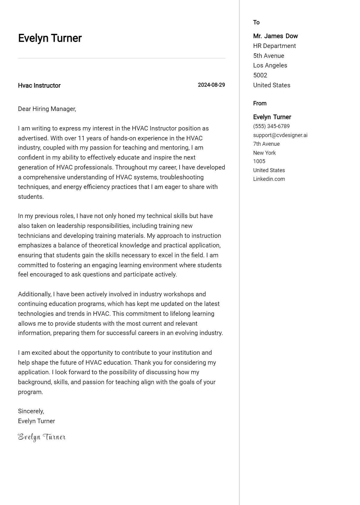 hvac instructor cover letter example