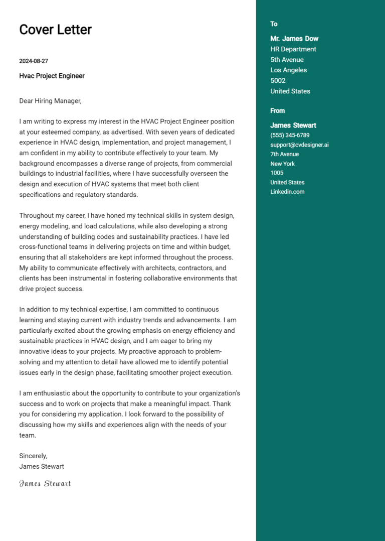 Hvac Project Engineer Cover Letter Samples & Examples 2025