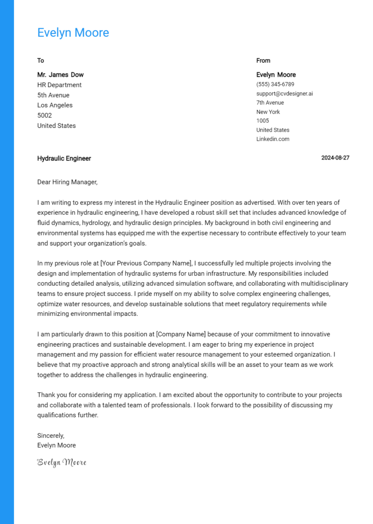 Hydraulic Engineer Cover Letter Examples with Writing Tips for 2025 1 Hydraulic Engineer Cover Letter Examples with Writing Tips for 2025