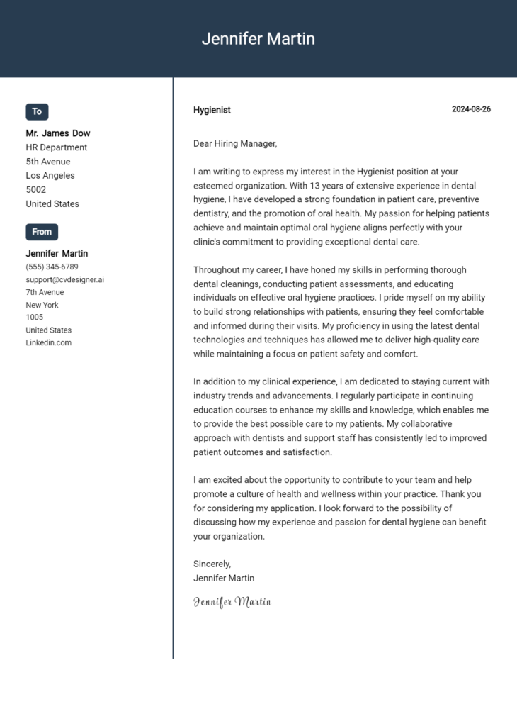 Hygienist Cover Letter Example for 2024: Top CV Skills - CVDesigner.ai
