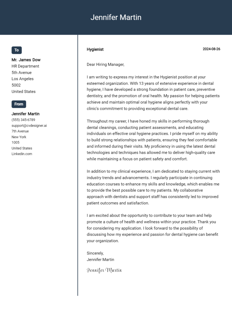 Hygienist Cover Letter Example for 2025: Top CV Skills