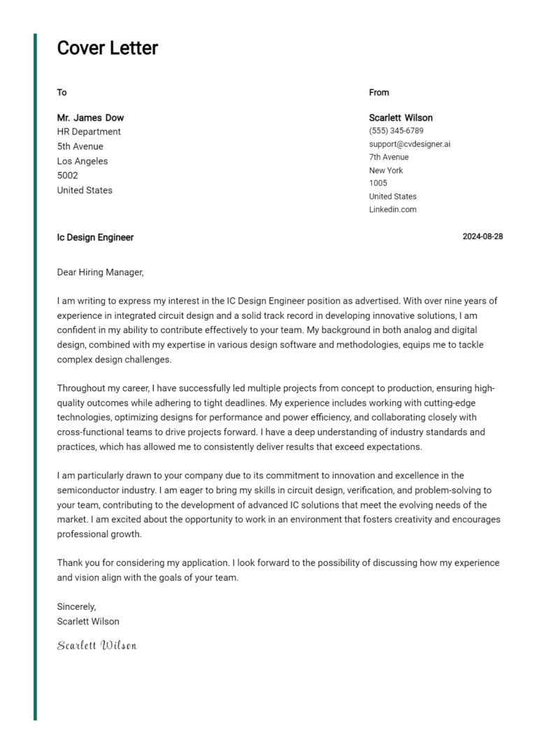 IC Design Engineer Cover Letter Examples & Samples for 2025