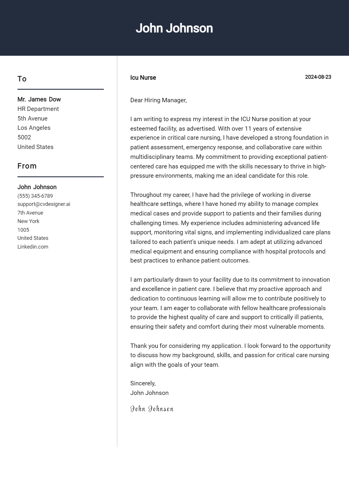 icu nurse cover letter example