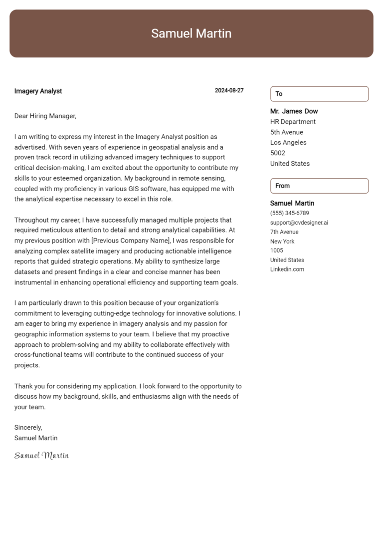 Imagery Analyst Cover Letter Example for 2025 (Writing Guide)