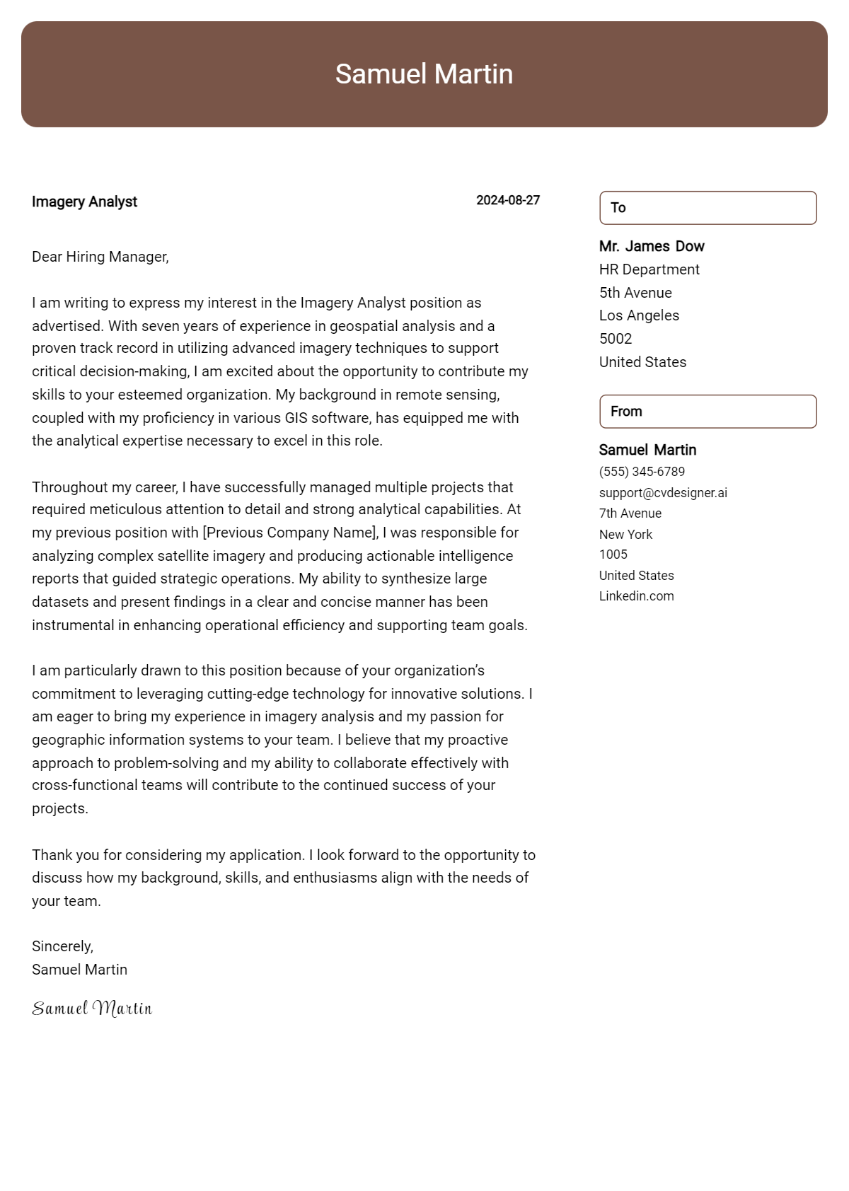 imagery analyst cover letter example