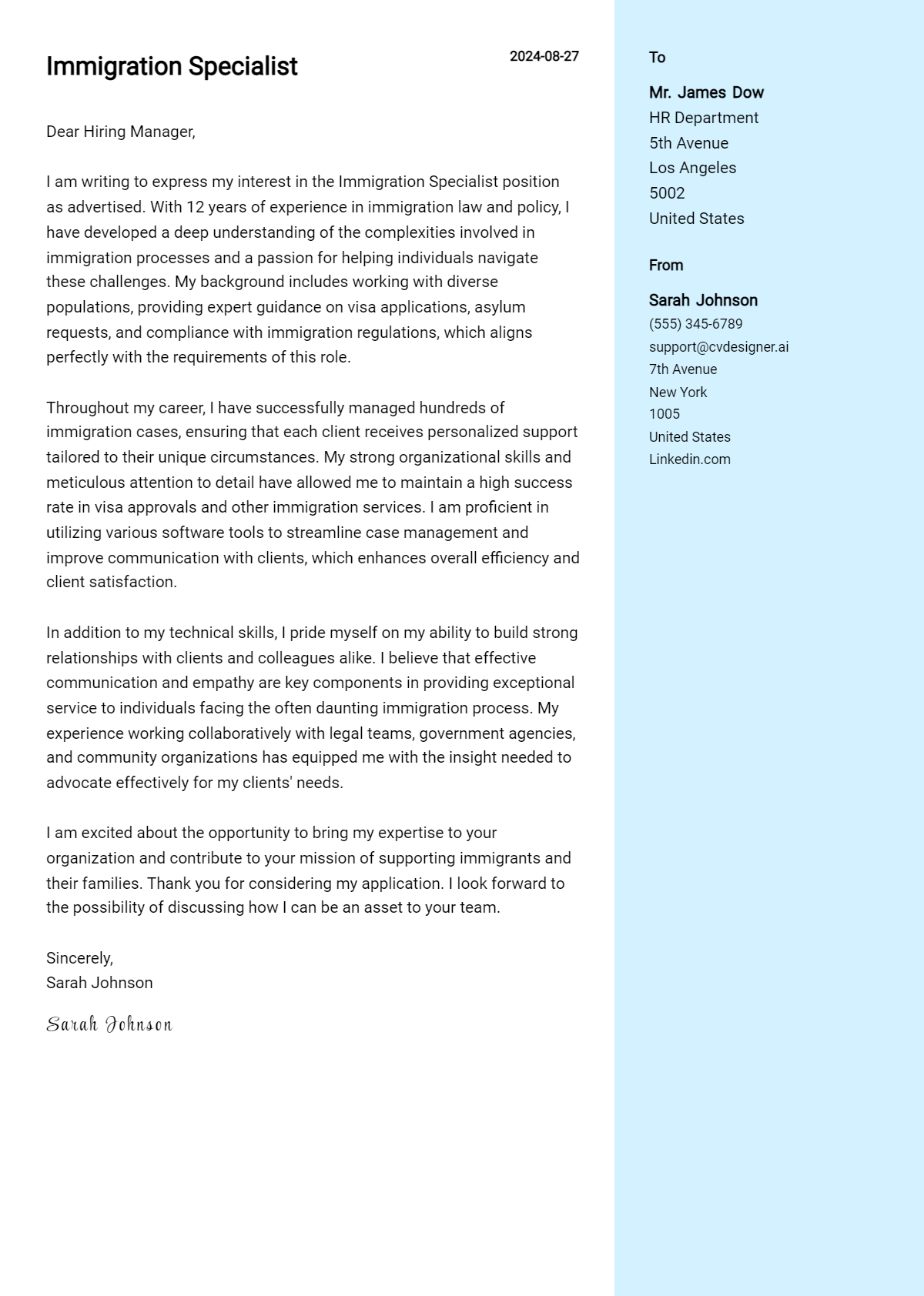 immigration specialist cover letter example