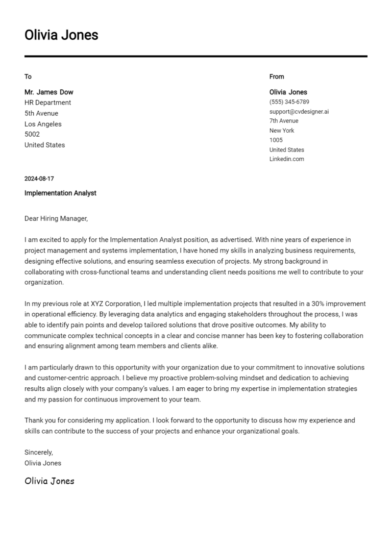 Implementation Analyst Cover Letter Samples & Examples 2025 1 Implementation Analyst Cover Letter Samples & Examples 2025