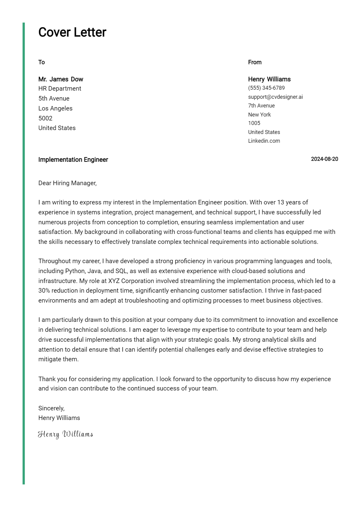 implementation engineer cover letter example