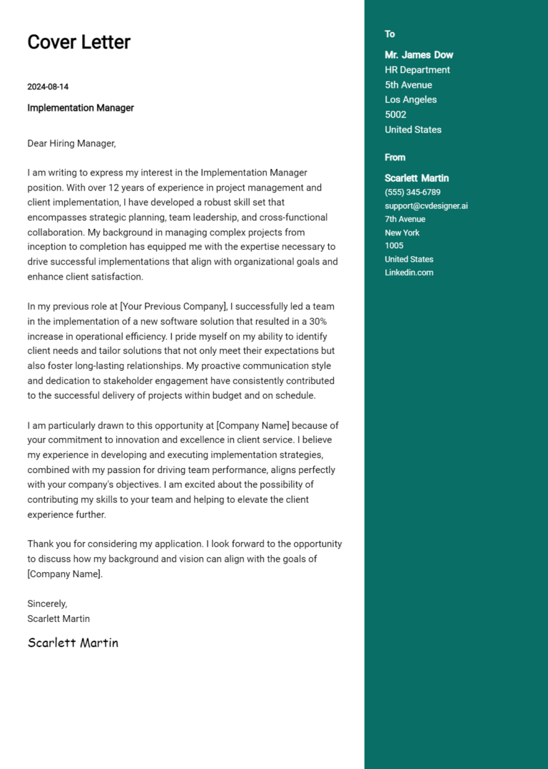 Implementation Manager Cover Letter Example for 2025: Proven Tips