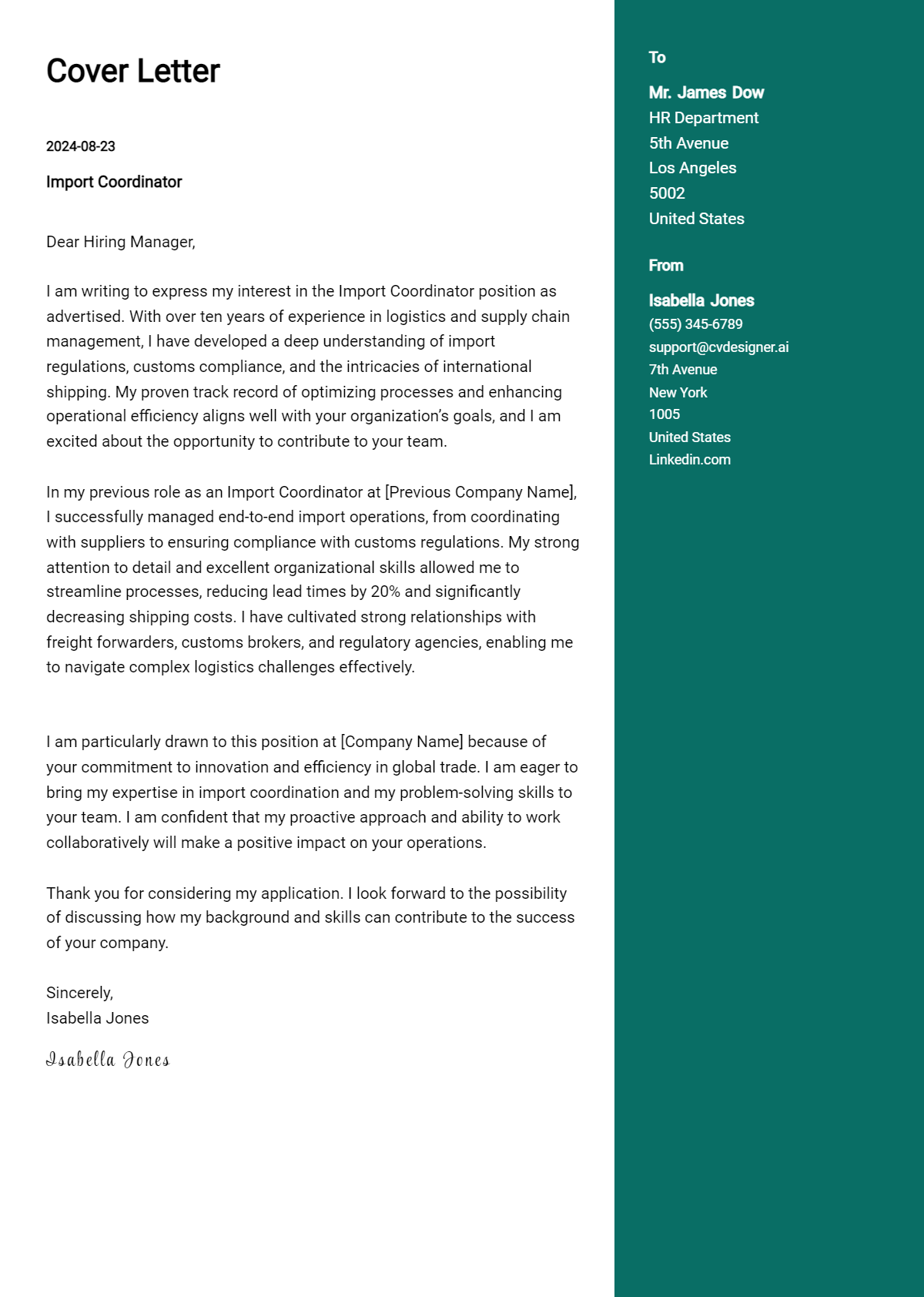 import coordinator cover letter example