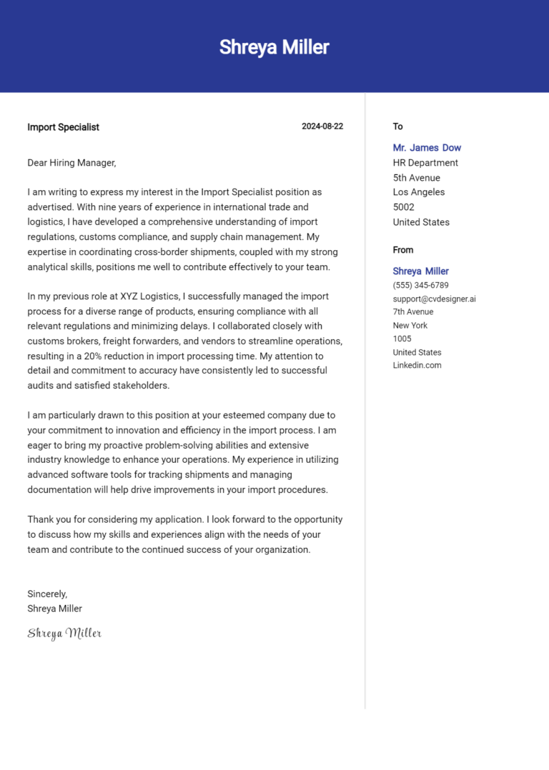Import Specialist Cover Letter Example for 2025: Top CV Skills