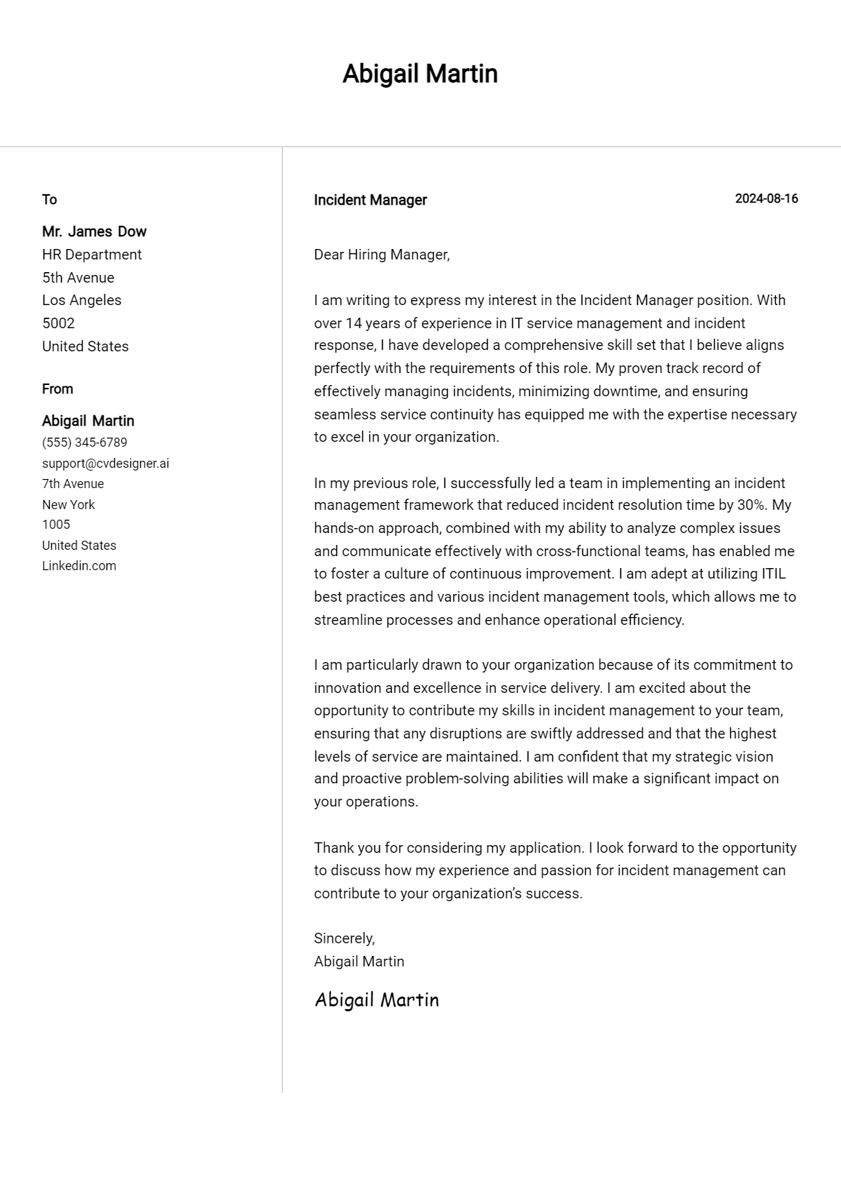 incident manager cover letter example