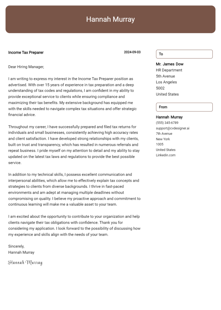 Income Tax Preparer Cover Letter Example for 2025: Expert Tips & Templates