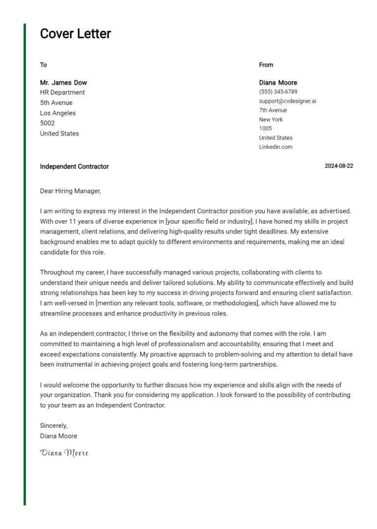 Independent Contractor Cover Letter Example for 2025 (Writing Guide) 1 Independent Contractor Cover Letter Example for 2025 (Writing Guide)