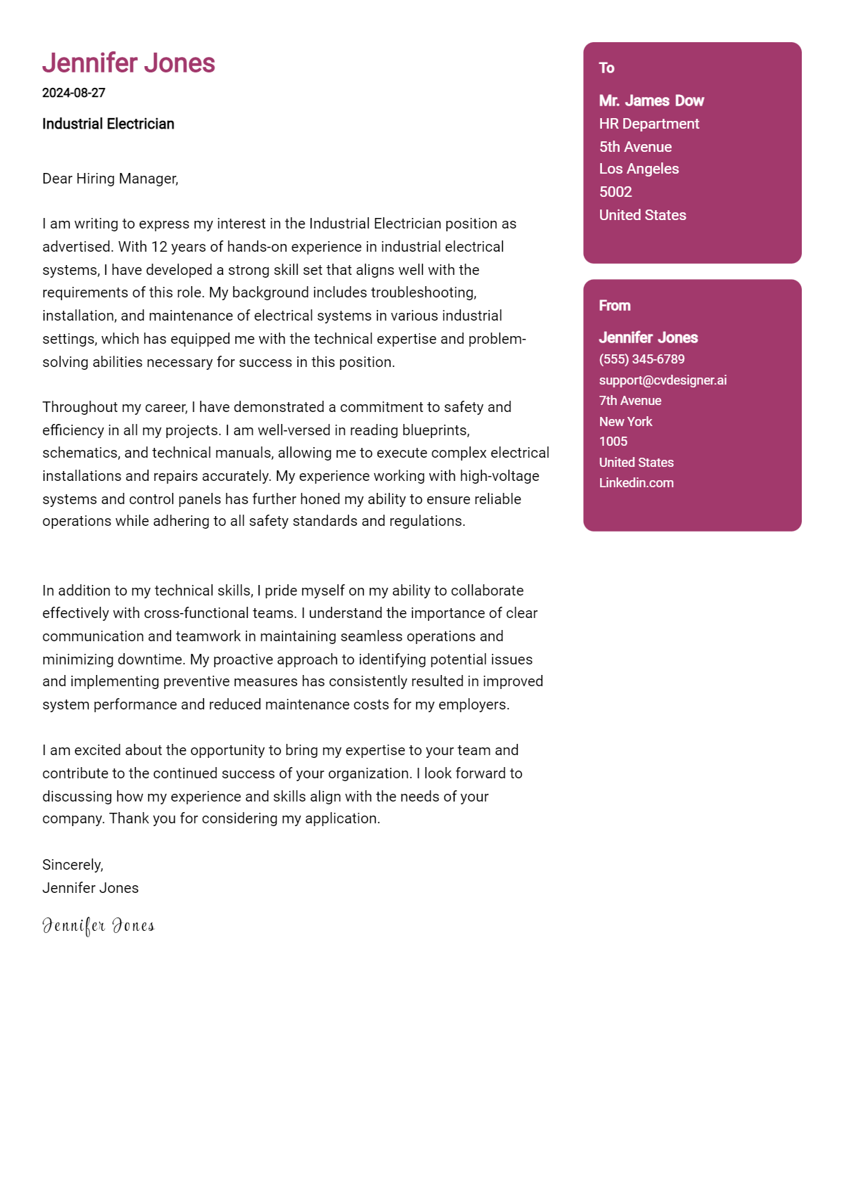 industrial electrician cover letter example