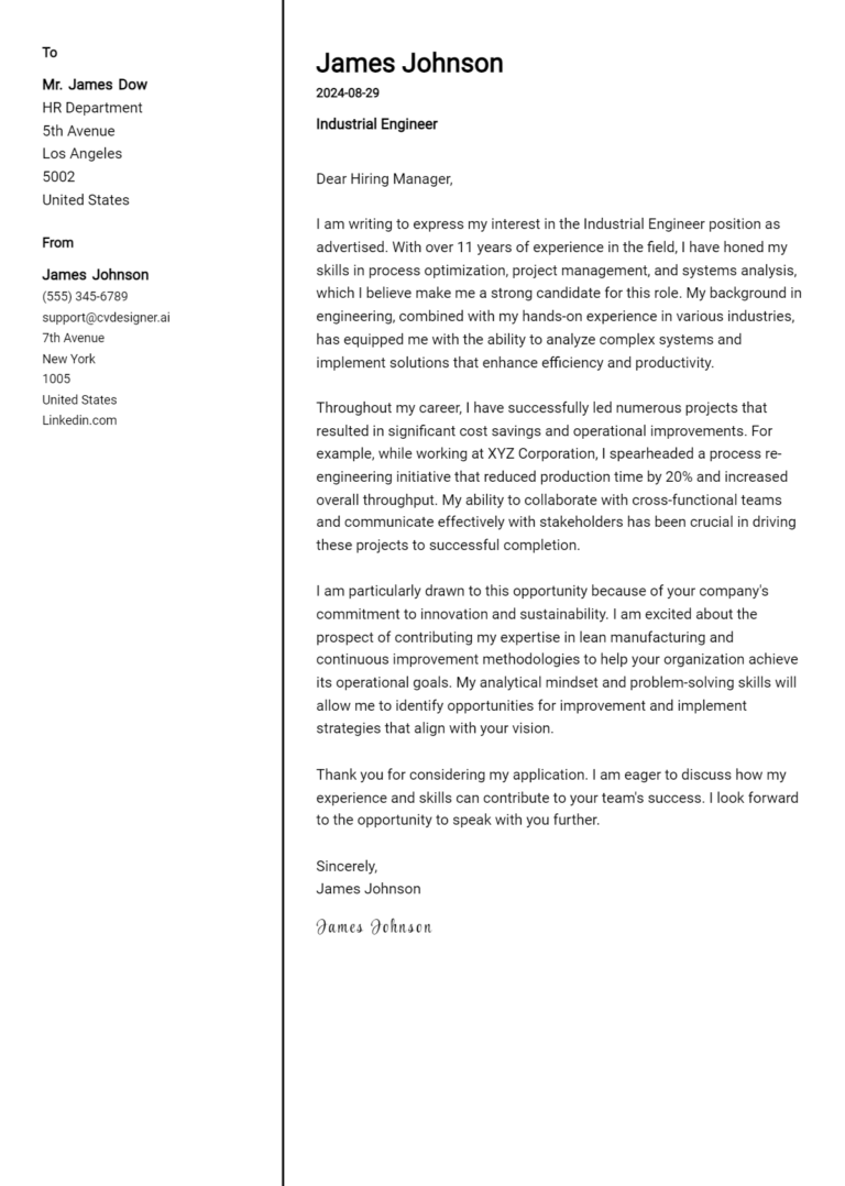 29 Industrial Engineer Cover Letter Examples for 2025: Top CV Skills