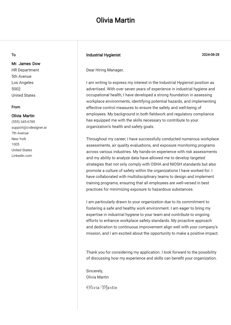 Industrial Hygienist Cover Letter Example for 2025 (Download Templates)