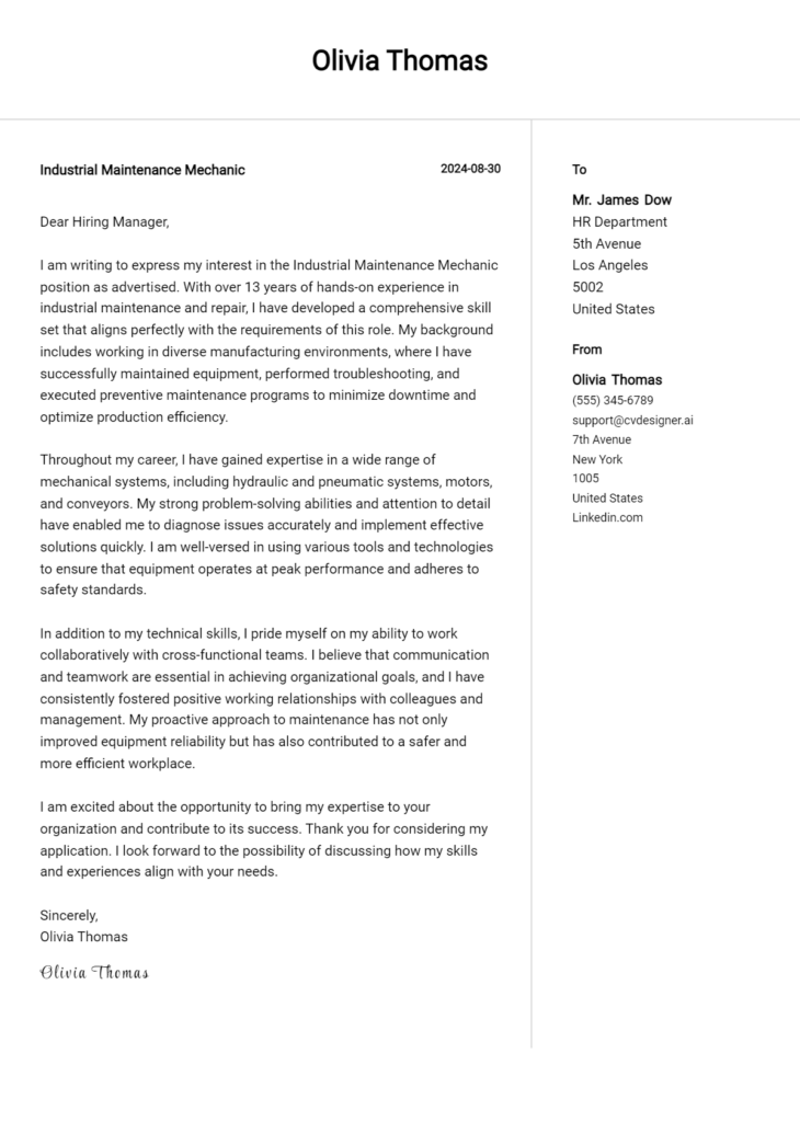 industrial maintenance mechanic cover letter example