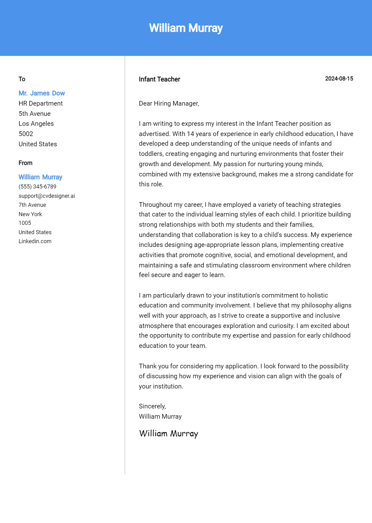 infant teacher cover letter example
