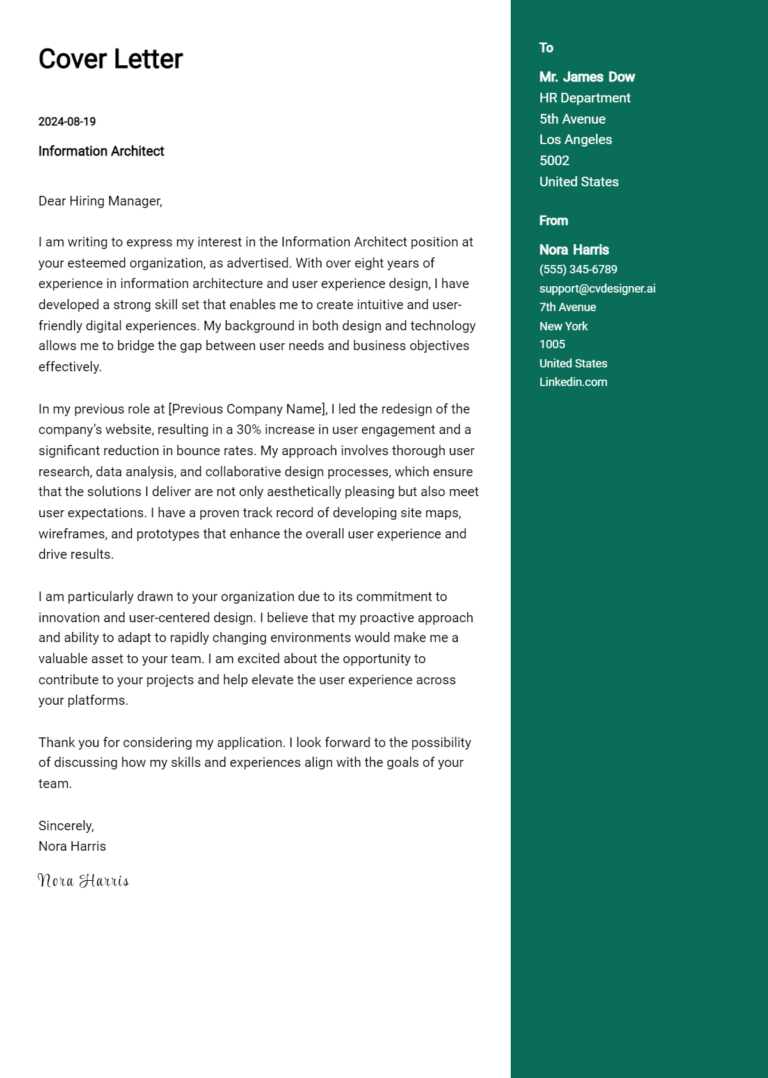 Information Architect Cover Letter Example for 2025: Tips & Templates
