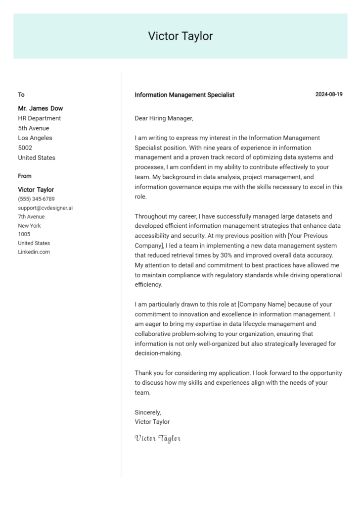 information management specialist cover letter example