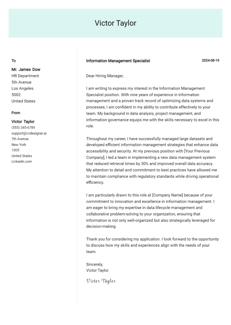 Information Management Specialist Cover Letter Examples with Writing Tips for 2025