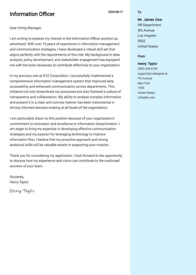 11 Information Officer Cover Letter Examples & Samples for 2025