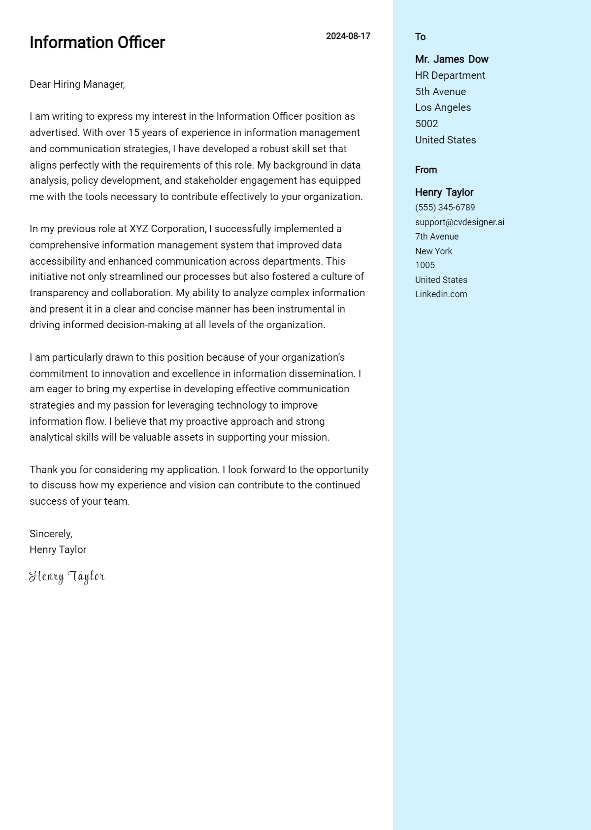 information officer cover letter example