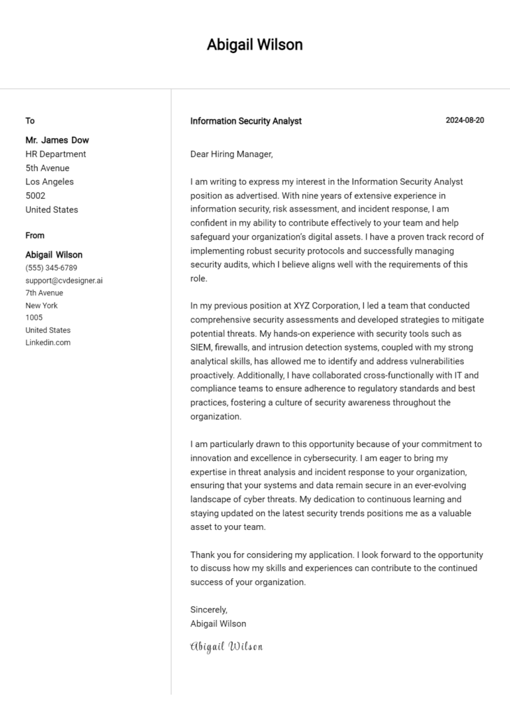 information security analyst cover letter example