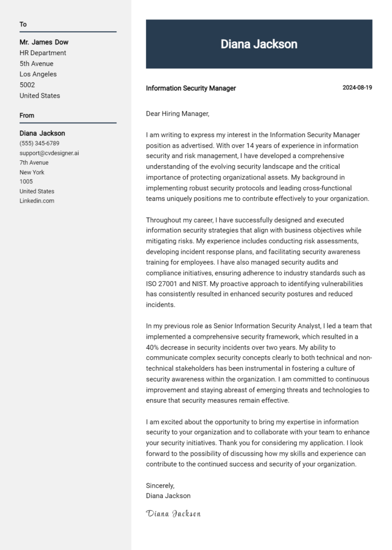 10 Information Security Manager Cover Letter Examples and Templates for 2025