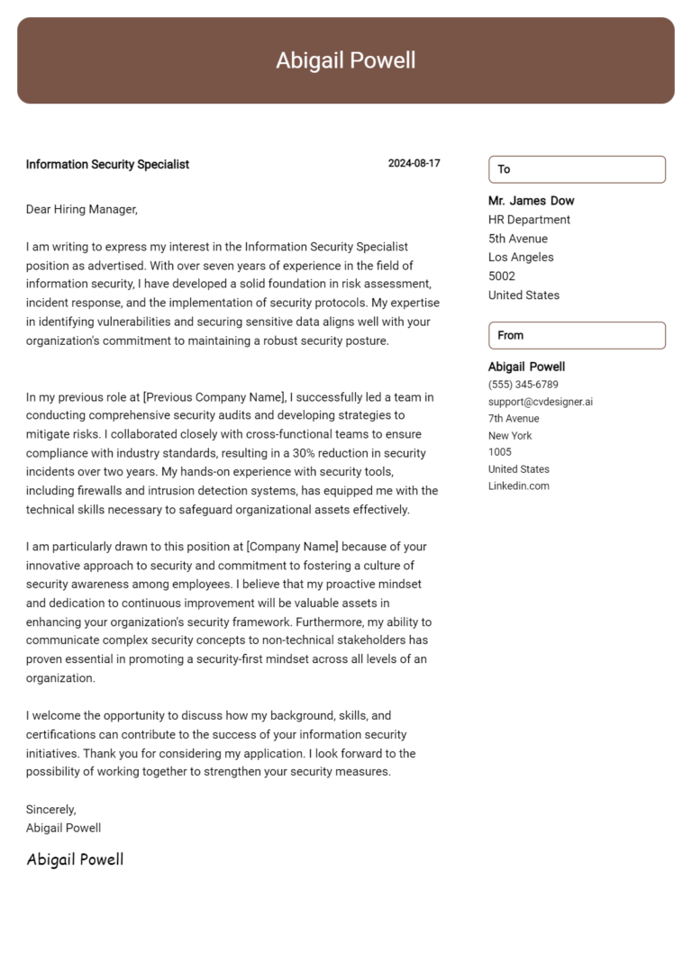 15 Information Security Specialist Cover Letter Samples & Examples 2025