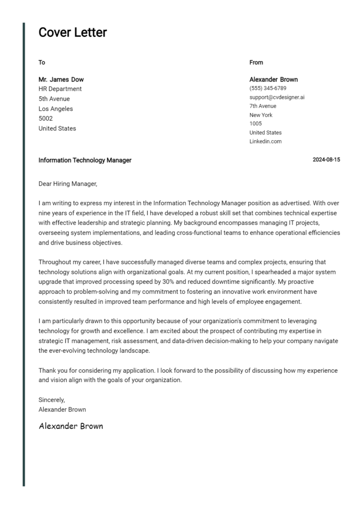 technology manager cover letter