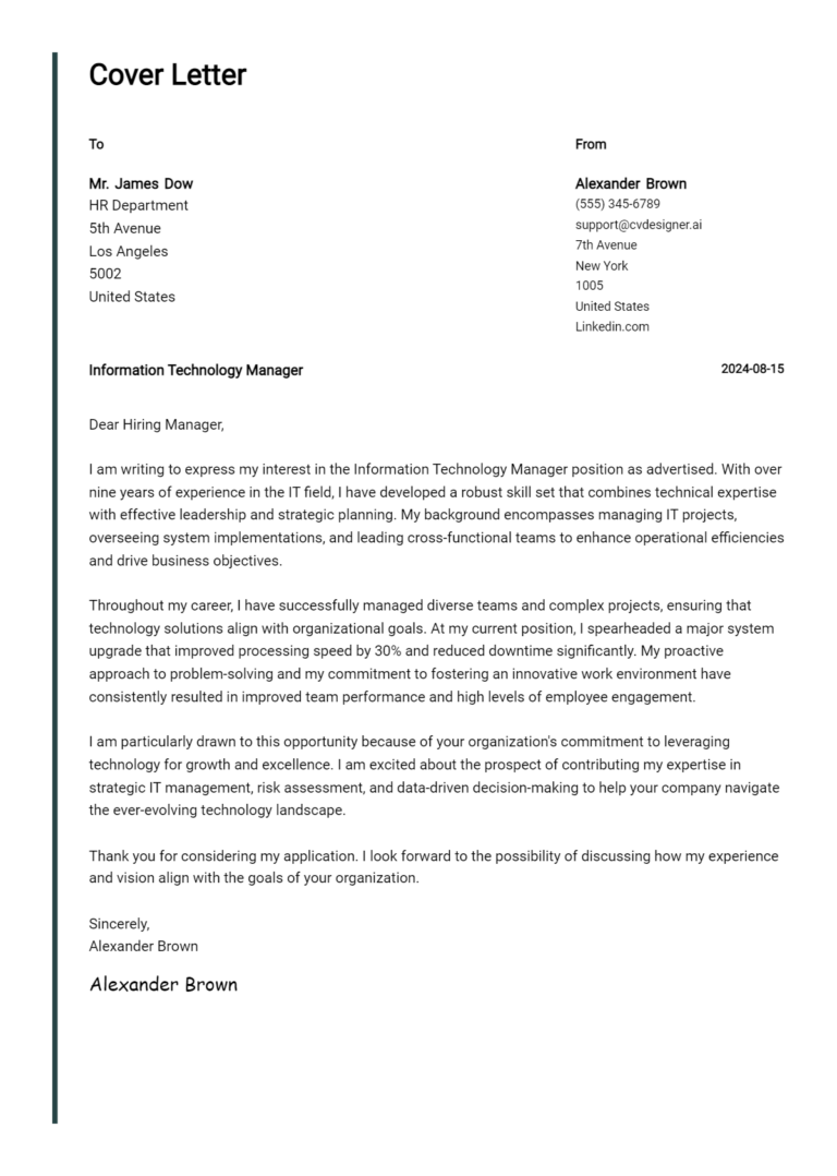 Information Technology Manager Cover Letter Example for 2025: Top CV Skills
