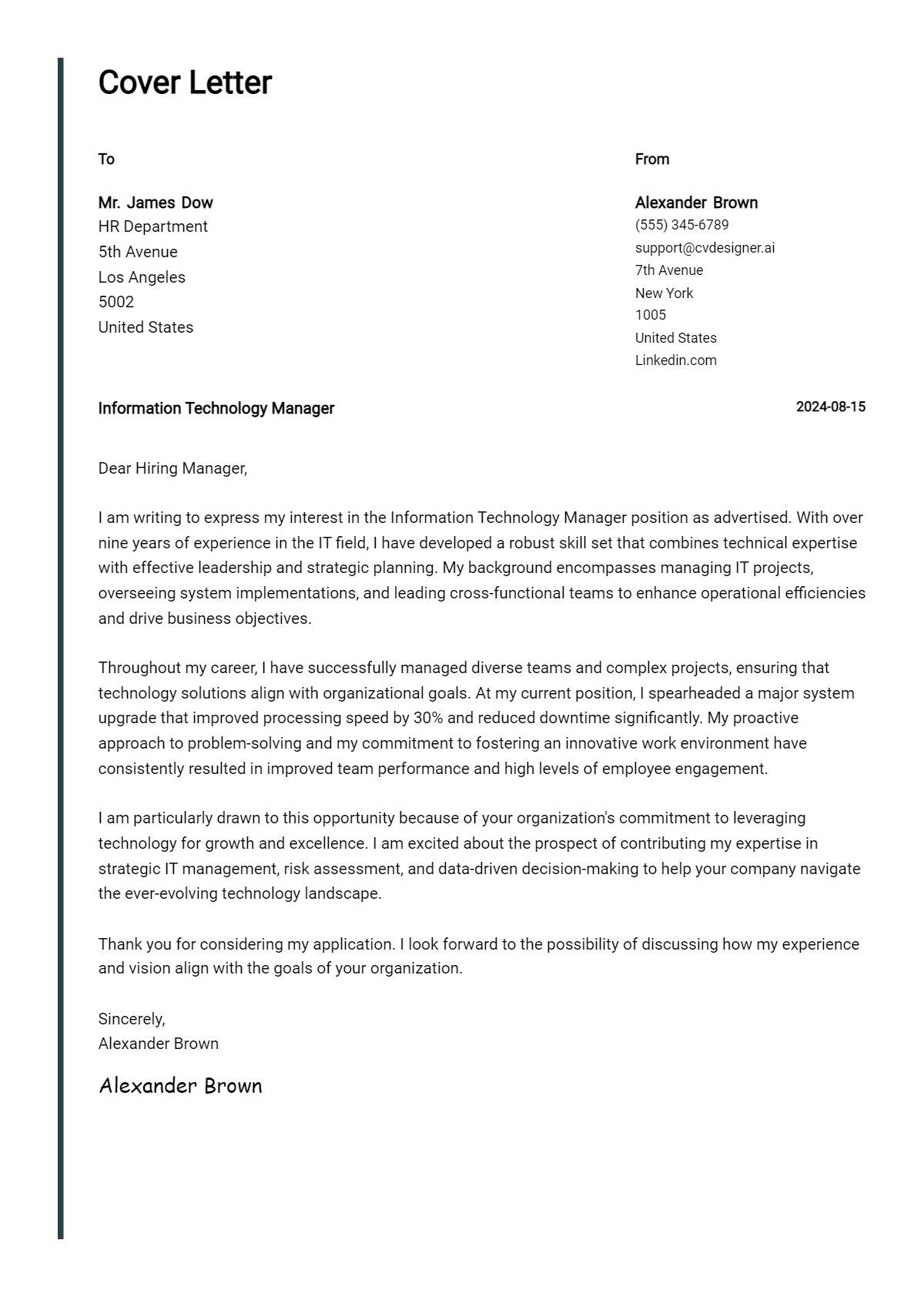 information technology manager cover letter example