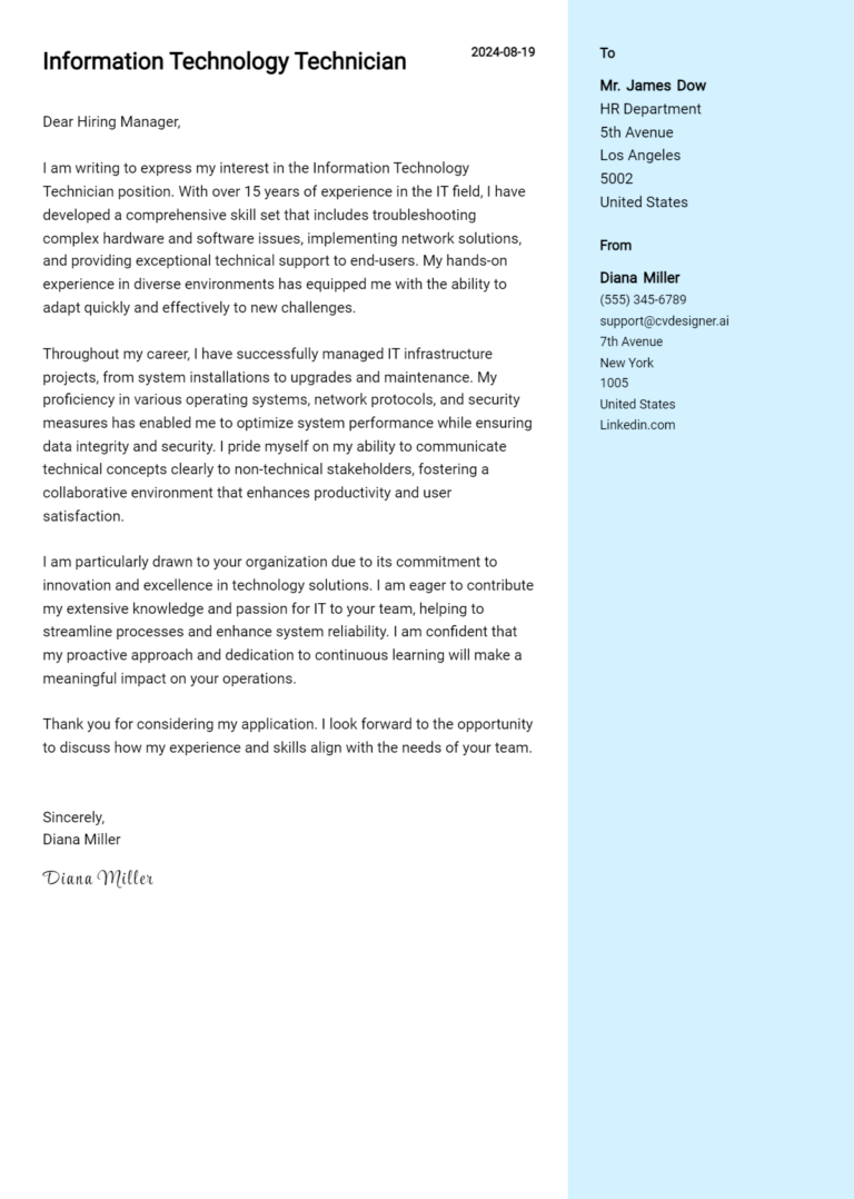 Information Technology Technician Cover Letter Samples & Examples 2025