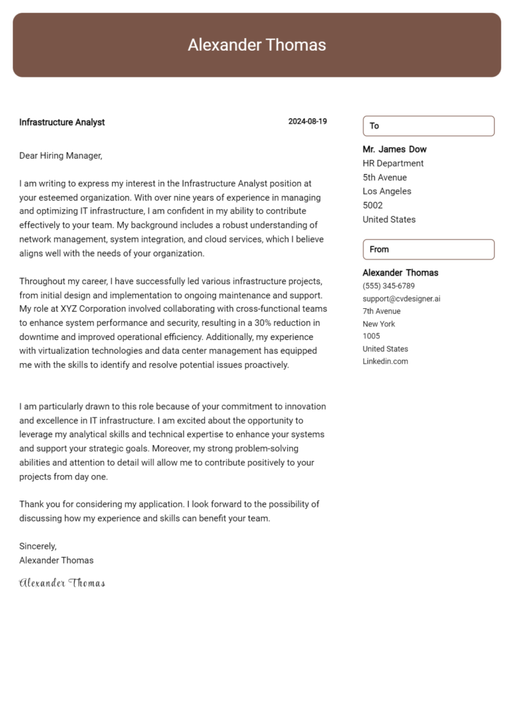 infrastructure analyst cover letter example