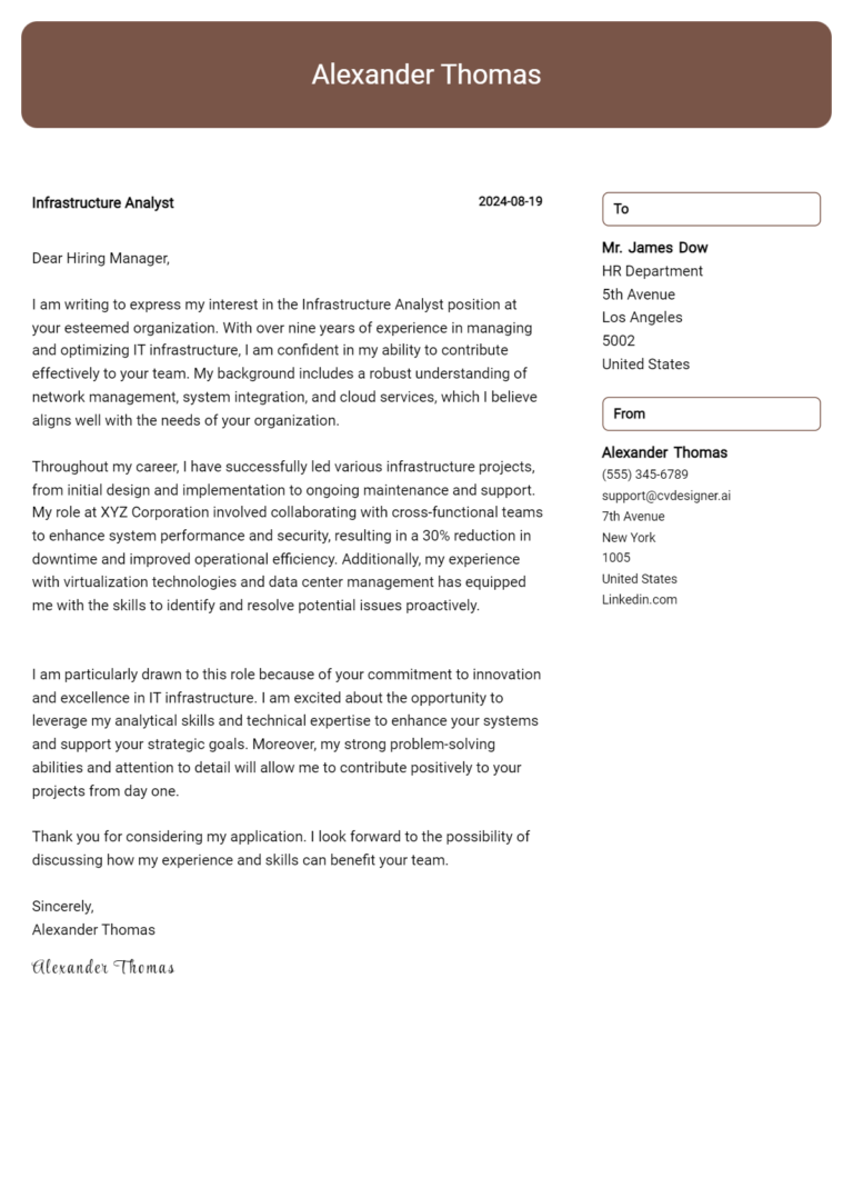 Infrastructure Analyst Cover Letter Example for 2025 (Complete Writing Guide)