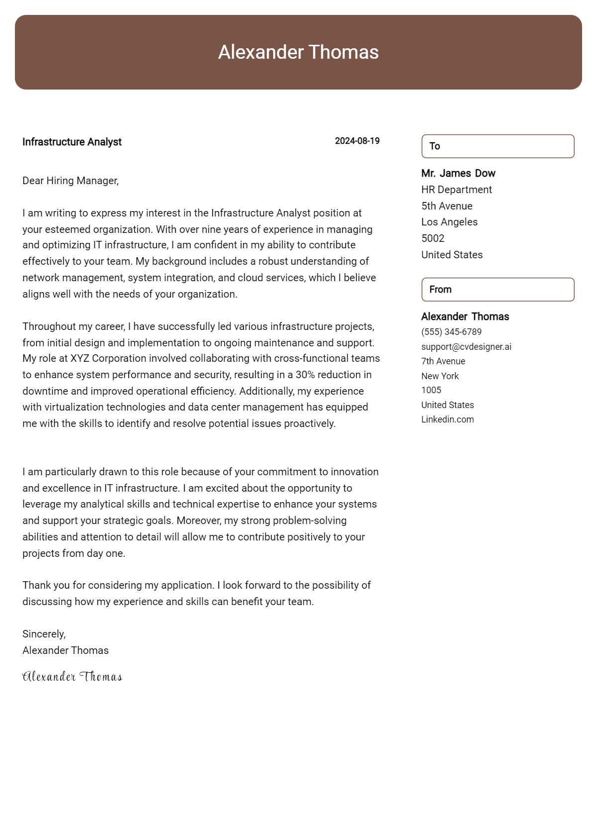 infrastructure analyst cover letter example