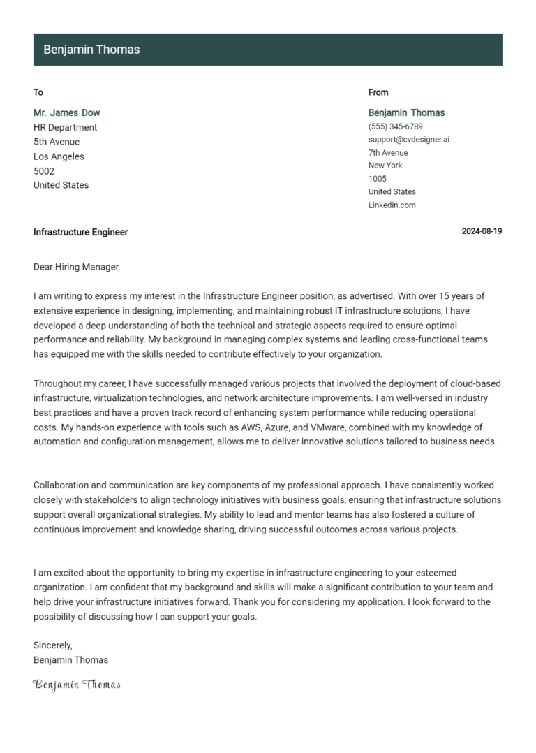 Infrastructure Engineer Cover Letter Example for 2025: Expert Tips & Templates